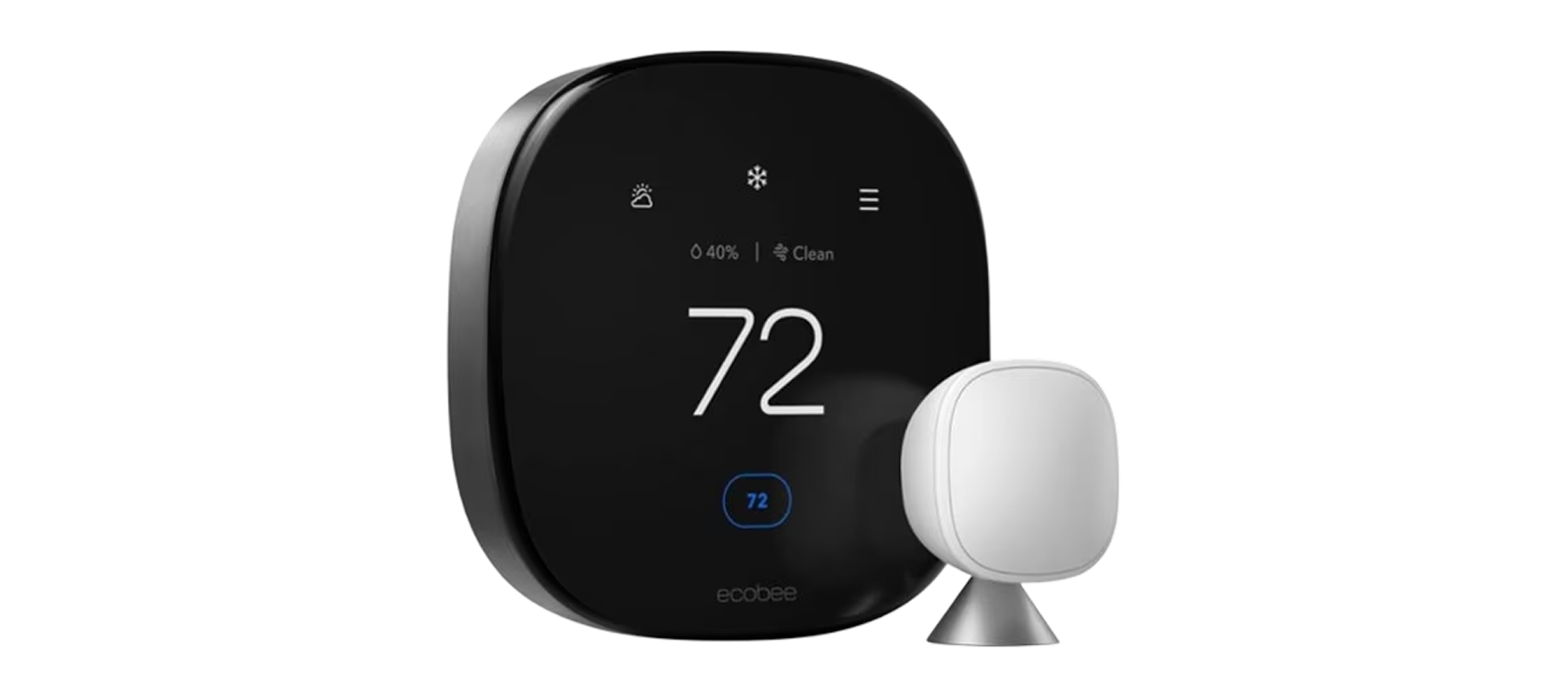 Black smart thermostat with digital display and white remote sensor on a white background.