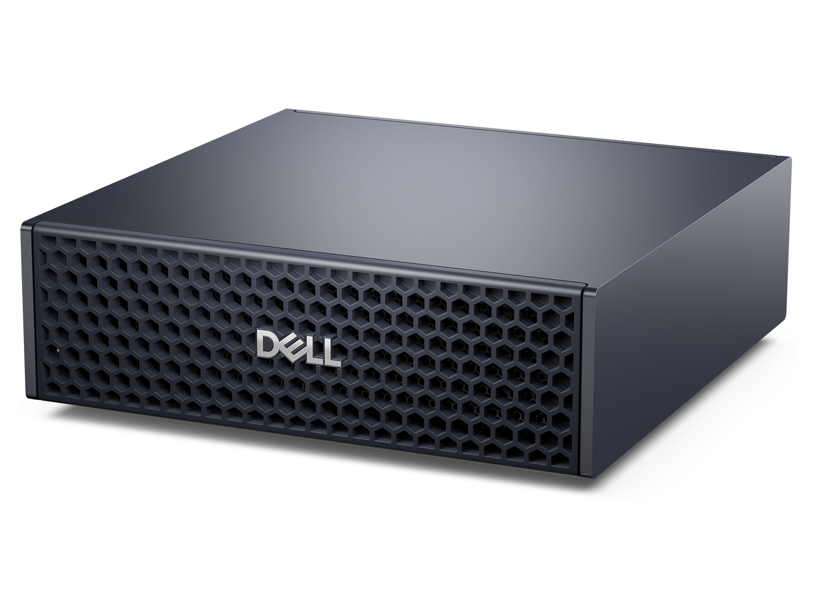 Dell Creator Edition micro desktop facing forward and angled slightly to the side with Dell logo shown