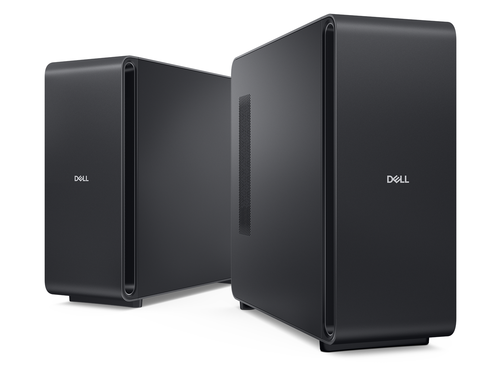 Two black Dell Pro Precision with GB300 desktop towers with rounded edges shown from different angles