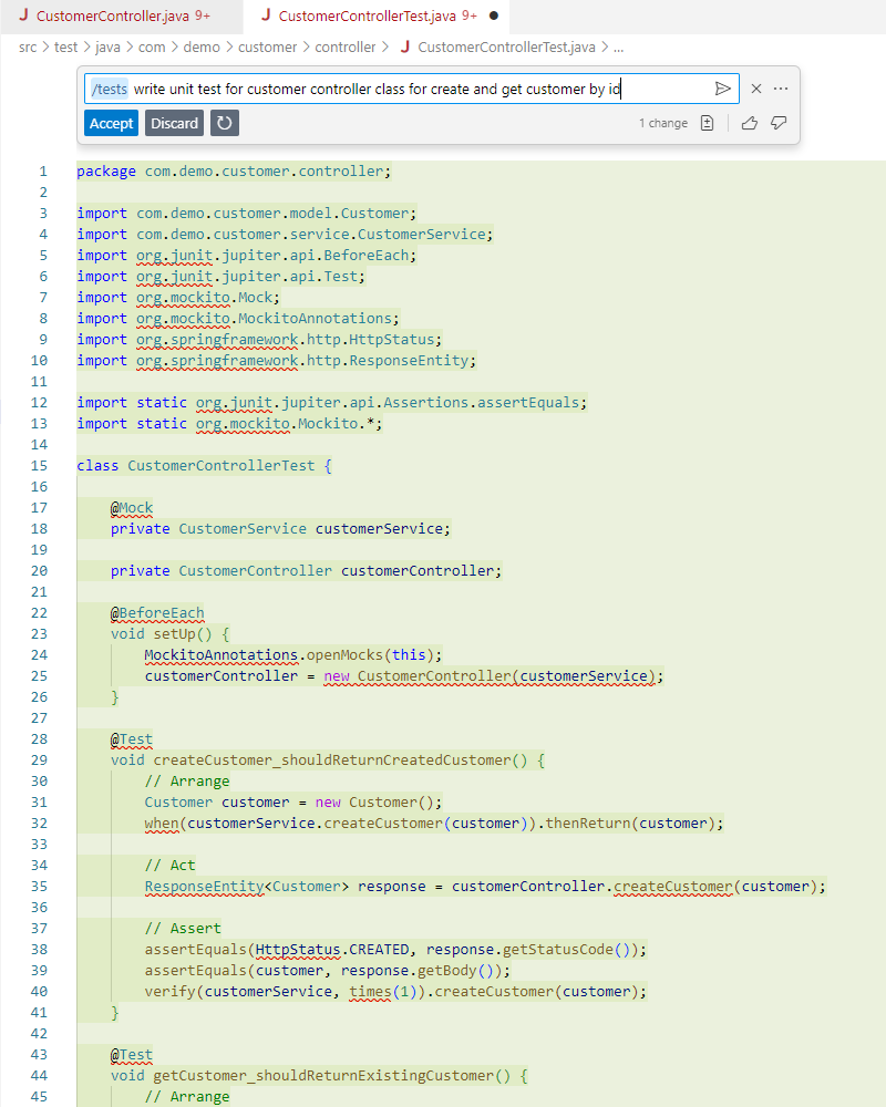 A screenshot of copilot prompt for accepting the auto generated unit tests
