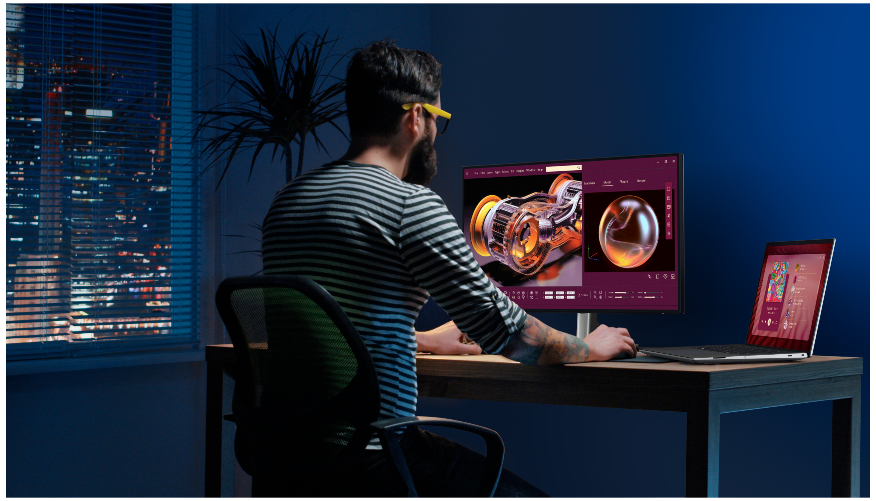 Man working from home featuring the Dell 27 inch Ultrasharp monitor U2725QE with Precision 5000 Series mobile workstation