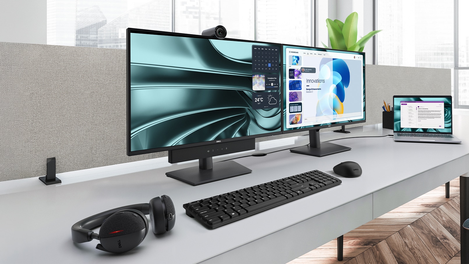 Desk setup showing the P2426E Monitor, P2426 Monitor, PB14250 Laptop, KM526 Keyboard and Mouse, WL5024 Headset, WB5023 Webcam, and SB725 Soundbar.