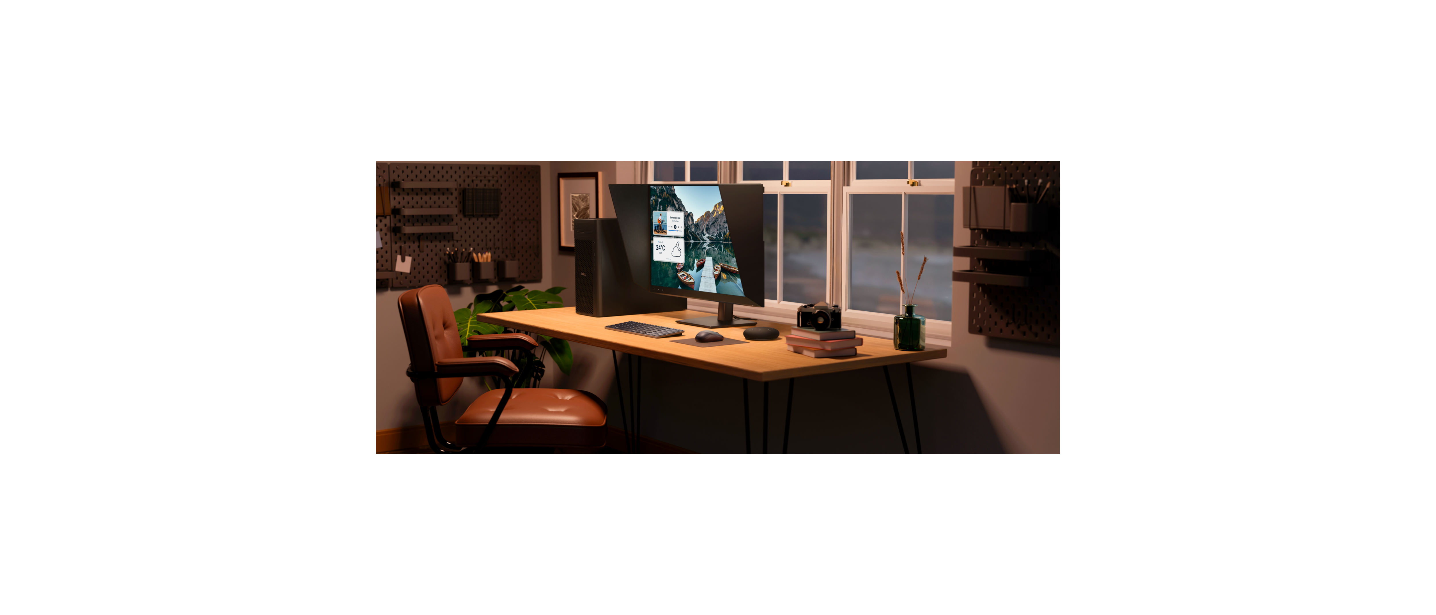 Home office using the U3226Q Ultra Sharp Monitor connected with the fct2250 Pro Max Desktop, km826 keyboard and mouse, SL525 Speakerphone