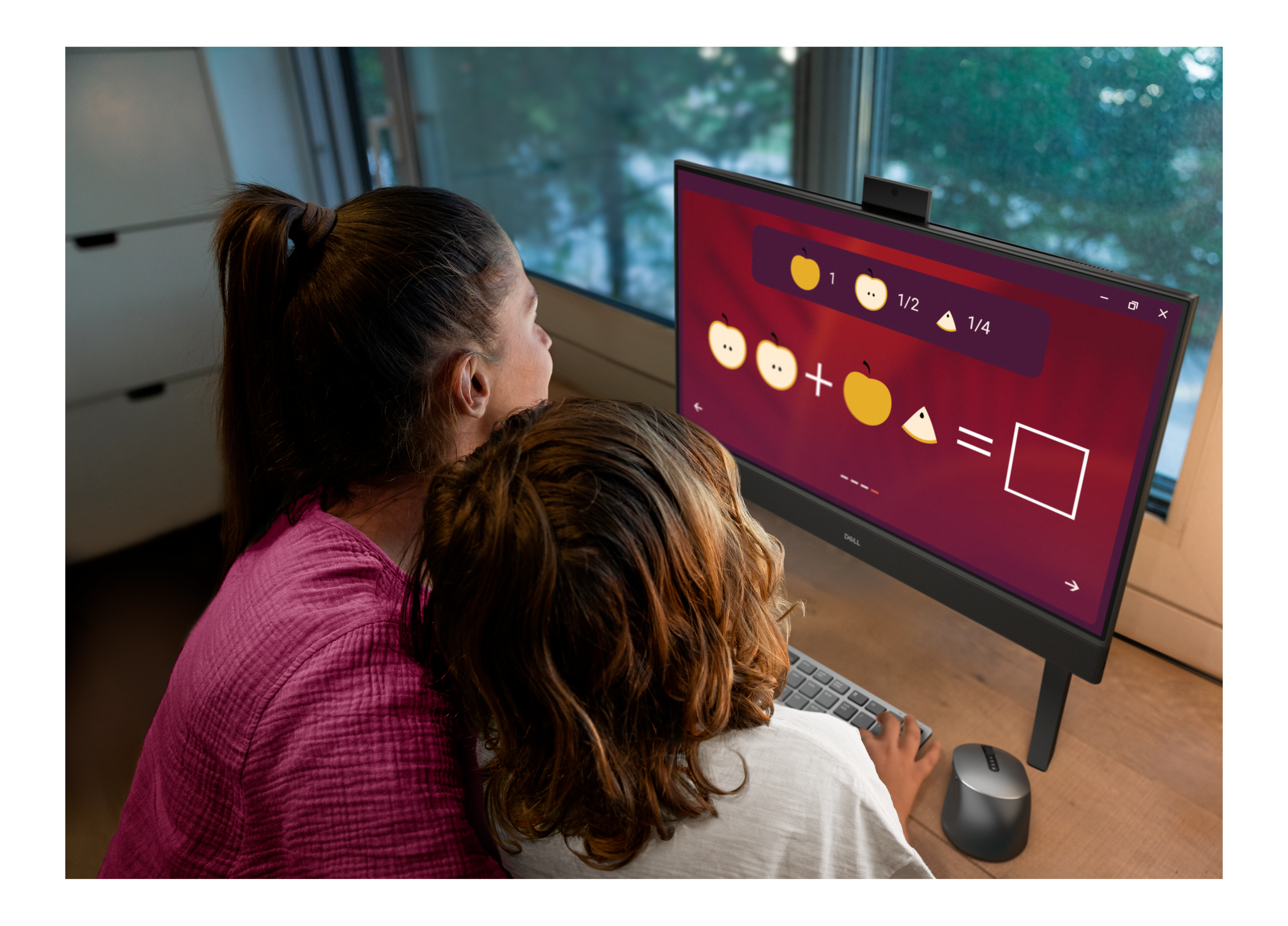 Woman and child solving math homework on EC24250 24 All in One Touch Desktop Set Up