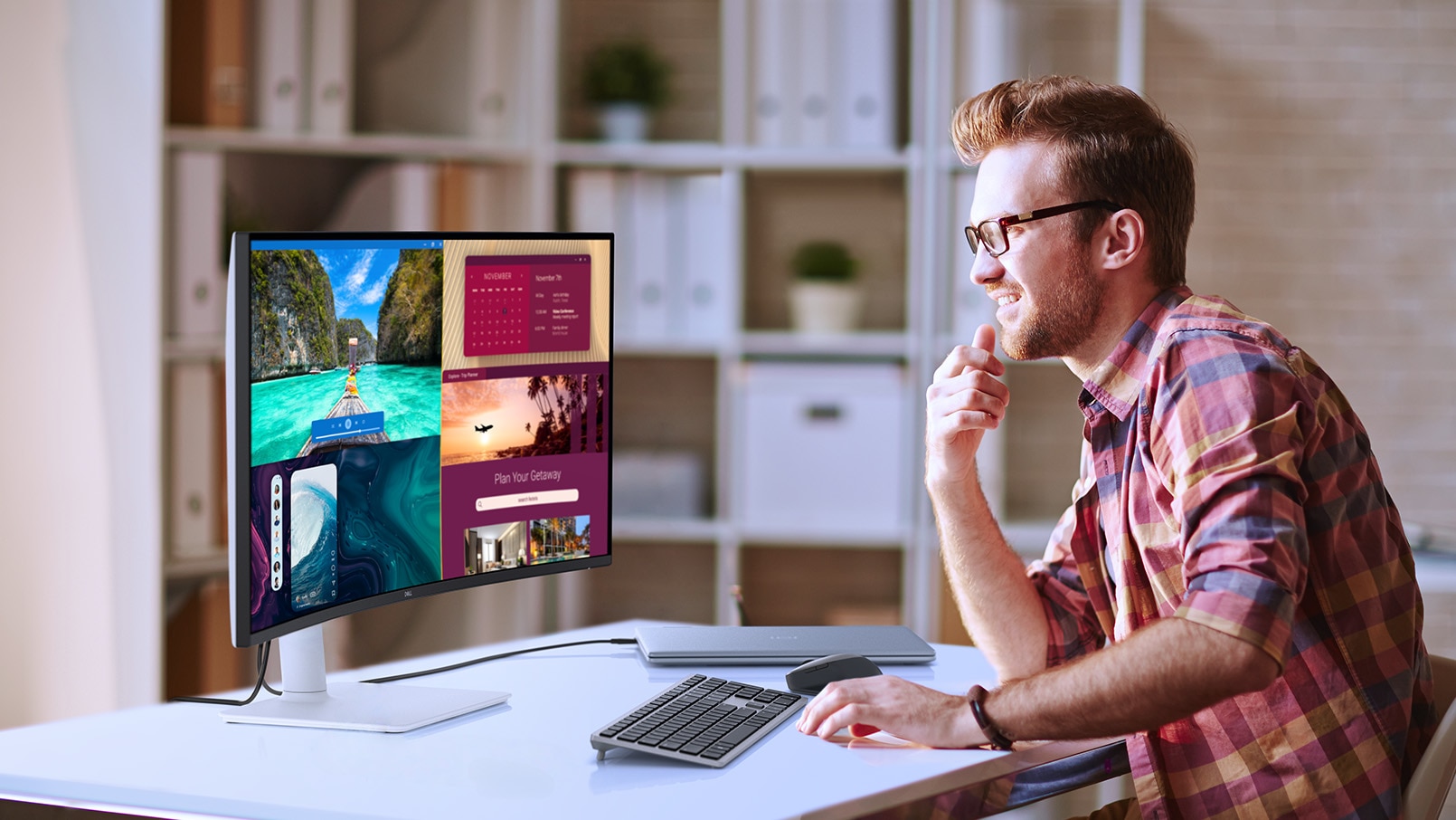 S3425DW 34 inch curved monitor home office lifestyle featured with other Dell products.