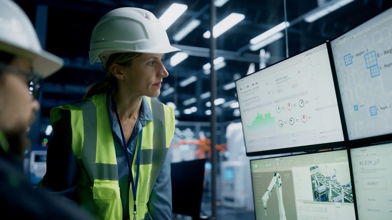 A female engineer uses real-time data on digital screens to optimize factory operations.