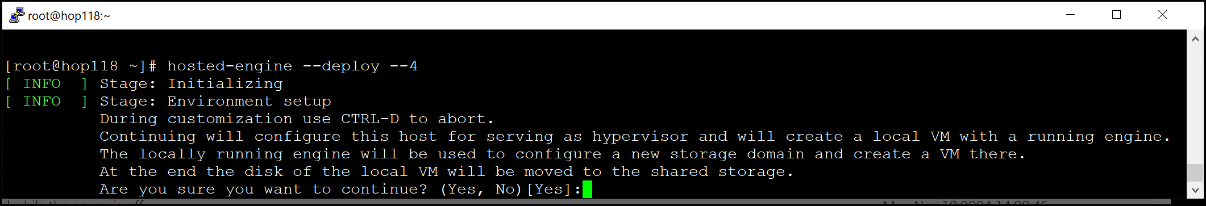 Screen capture of Hosted-engine script execution