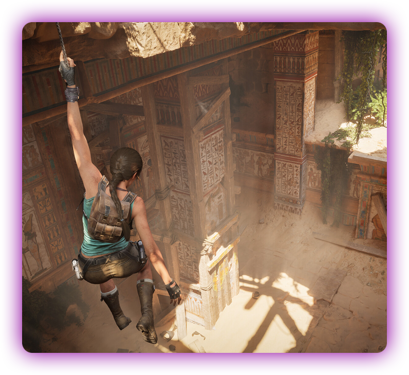 Woman in tank top swinging on rope above sunlit ancient Egyptian temple ruins.