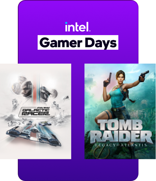 Intel Gamer Days promo with Star Wars Galactic Racer and Tomb Raider game covers on purple background.