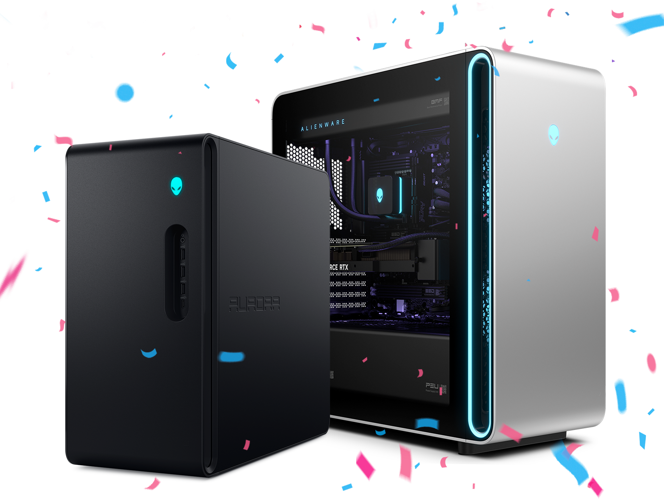 Black and silver Alienware Aurora desktops with confetti on a white background.