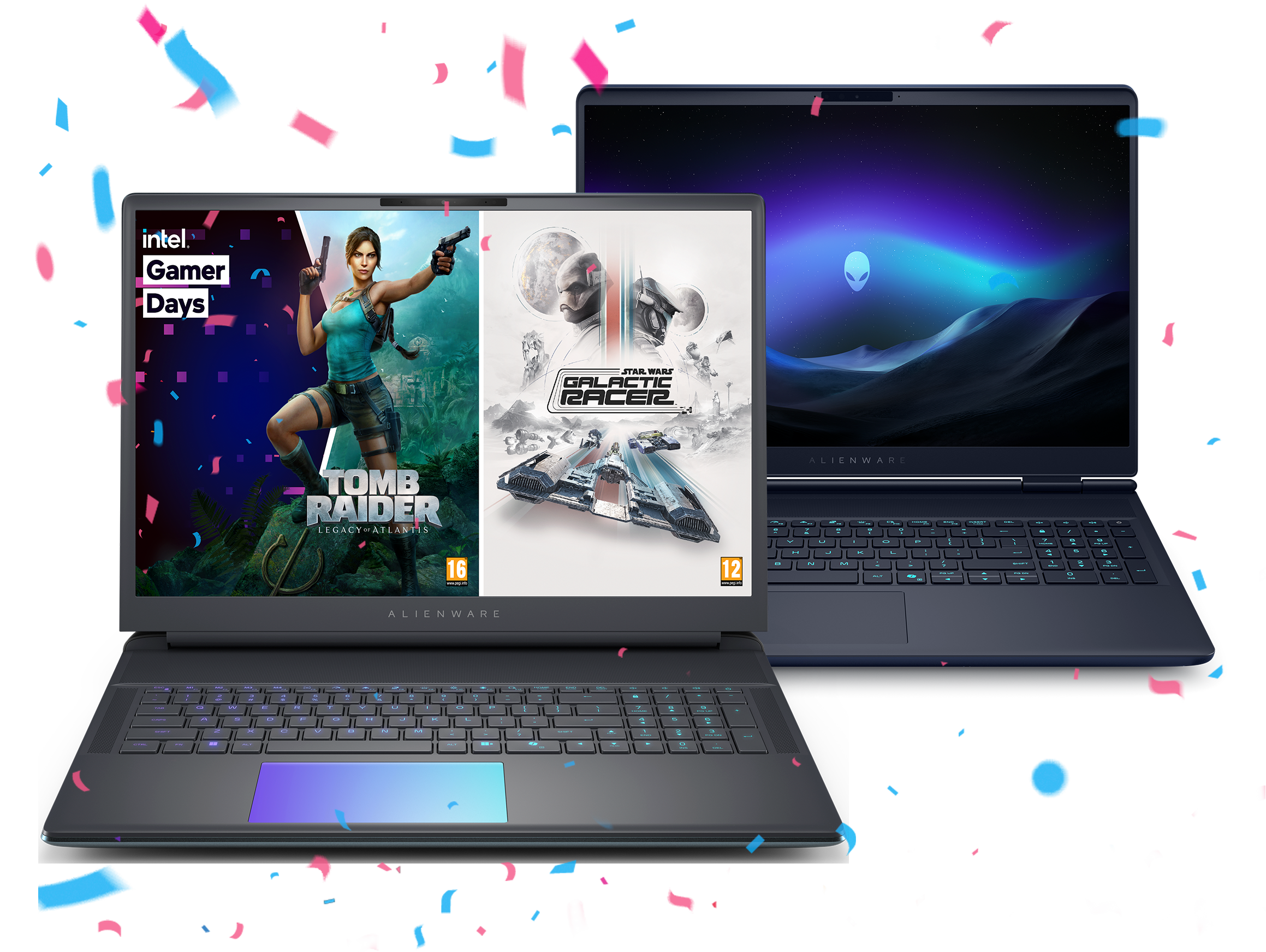 Two Alienware gaming laptops, one front-facing with game graphics and confetti, on a white background.