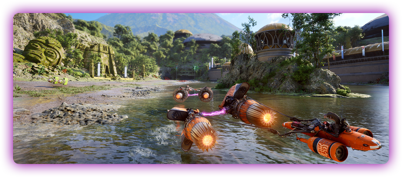 Futuristic racing vehicles speed over water amid ruins, greenery, and modern domes.