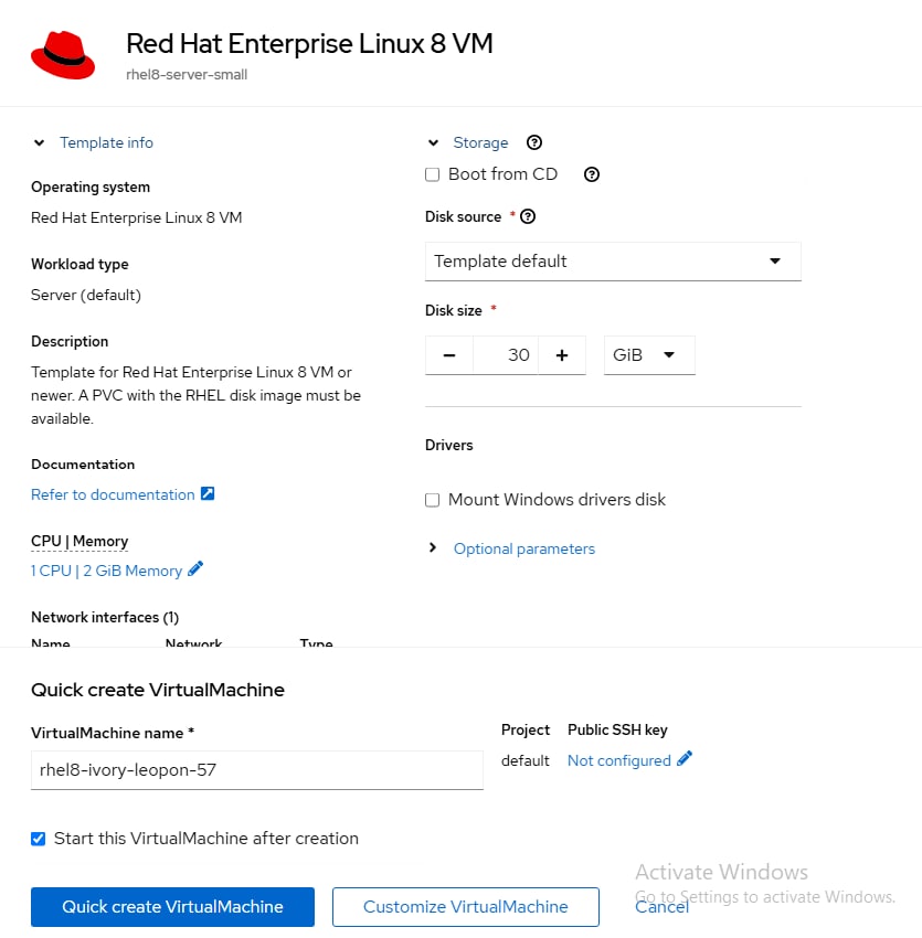 Screenshot of VM creation using a golden image