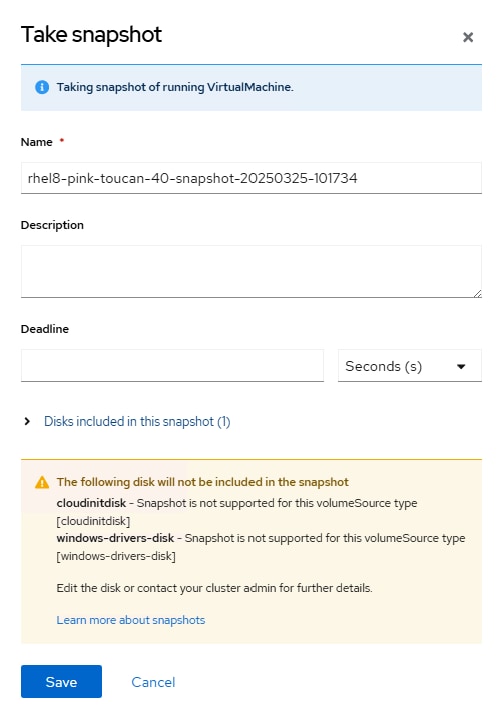 Screenshot showing input details required for a snapshot