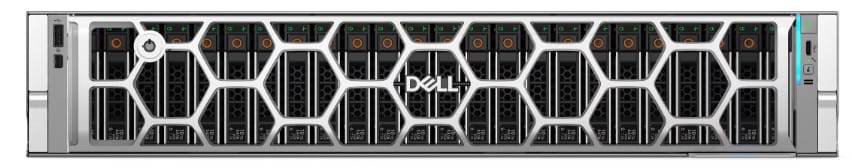 Photograph of a Dell PowerEdge server front panel showing multiple drive bays with hexagonal ventilation patterns and LED indicators. The design highlights modular storage capacity and cooling efficiency for data center use. AI-generated content may be incorrect.