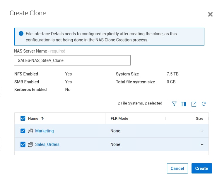 Create Clone dialog on destination for a File replication with option to select individual file systems for the clone.