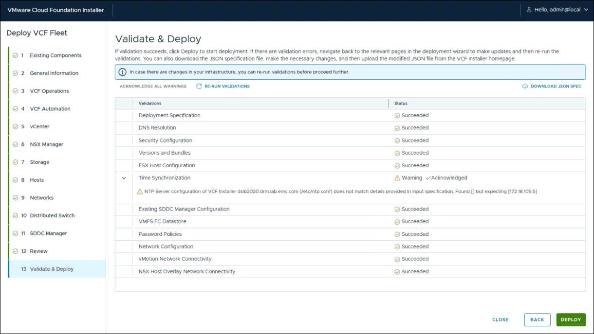 VMware Cloud Foundation Installer - NTP warning.
