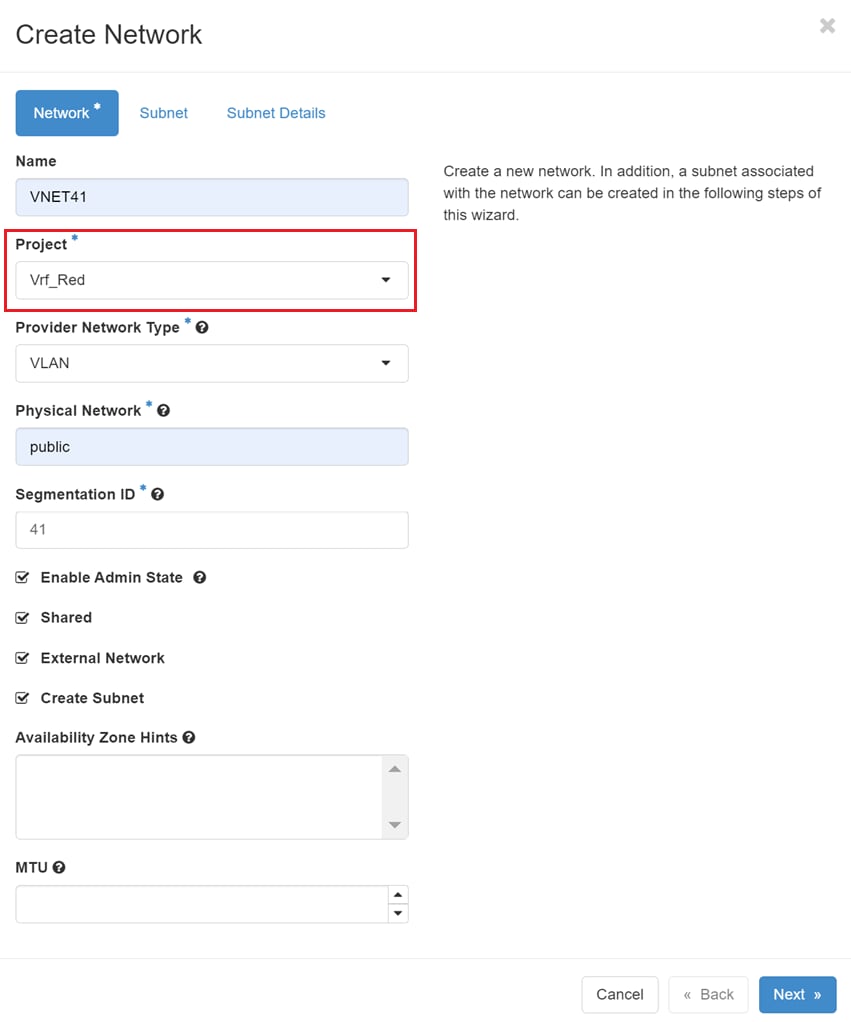 OpenStack Create Network tab - multitenant example