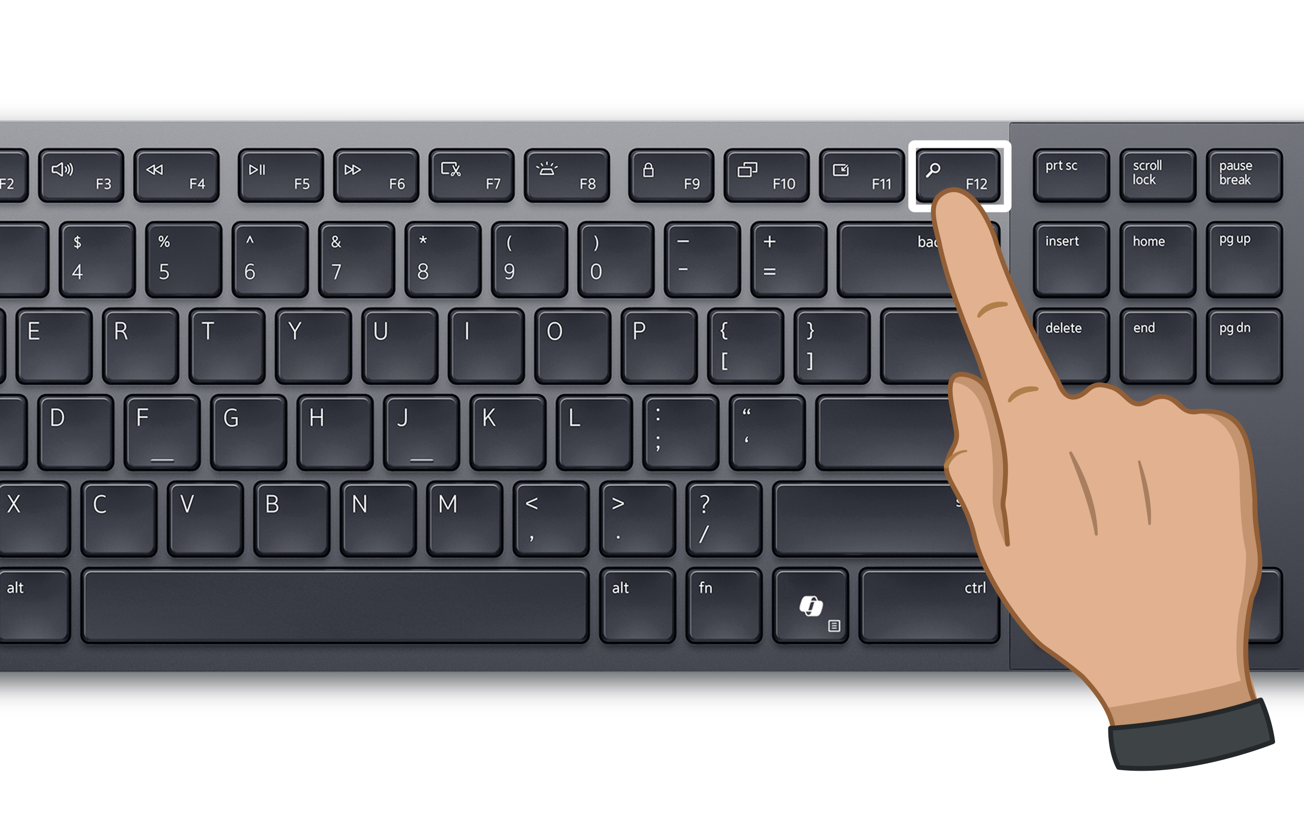 Hand tapping or pressing the F12 key on a keyboard to access the one time boot menu