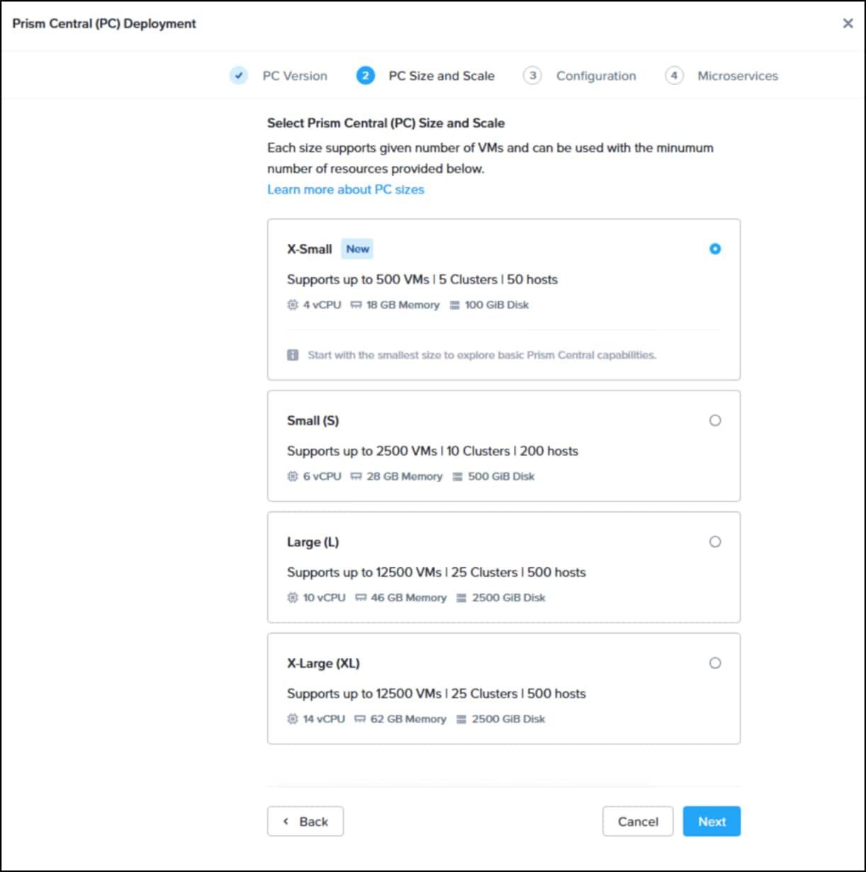 Prism deployment step 5 PC size.