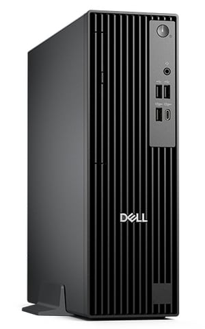 Black Dell Pro Slim desktop computer standing vertically on a white background, showing its slatted front panel and ports.