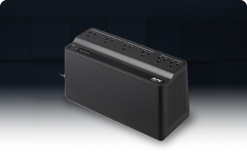 Black APC Back-UPS 425VA unit shown angled right against a dark paneled background.