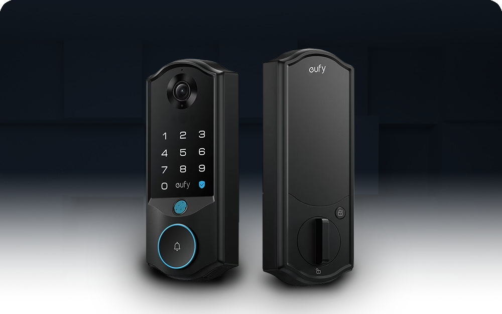 Black eufy E40 video smart lock showing the exterior keypad with a camera and the interior thumb turn panel.
