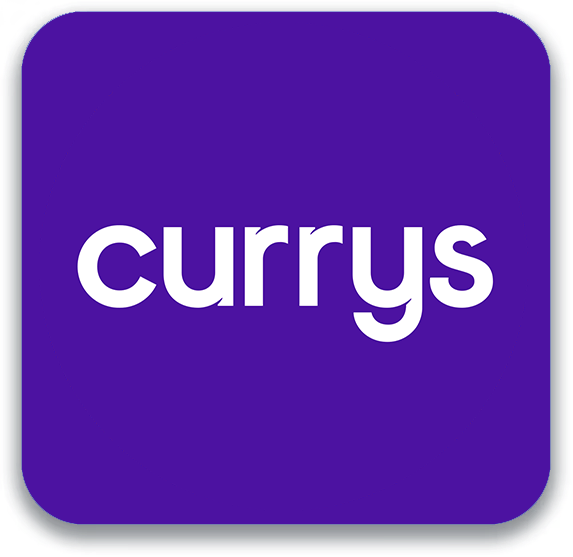 White Currys logo on a purple square background.