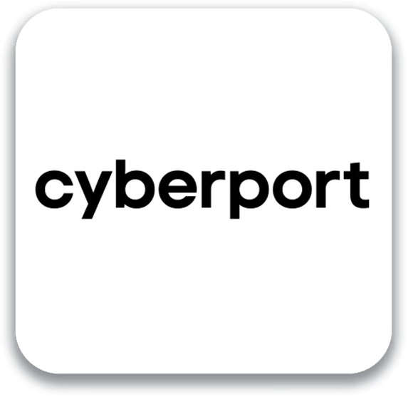 Black Cyberport logo text inside a white square with rounded corners.