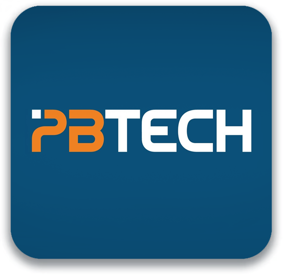PB Tech logo with orange and white text on a dark blue background.