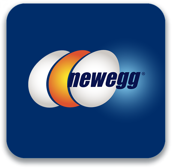 Newegg logo featuring overlapping white and orange egg shapes on a rounded blue background.