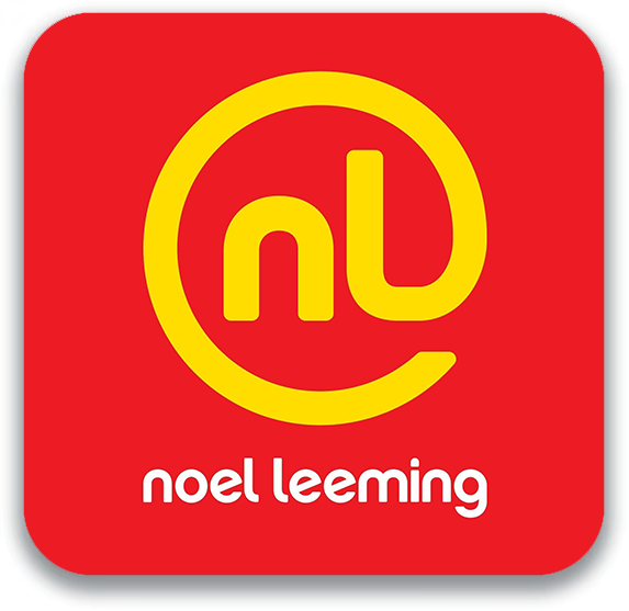 Red square logo with a yellow stylized nl symbol and white text for Noel Leeming.