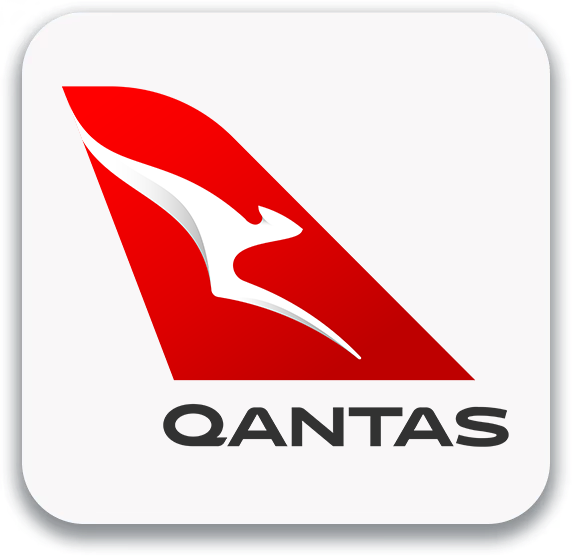 Qantas airline red tail fin logo with a white kangaroo silhouette and dark grey text on a white background.