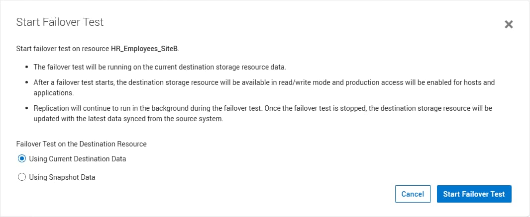Start Failover Test dialog with options to use current destination data or using snapshot data.