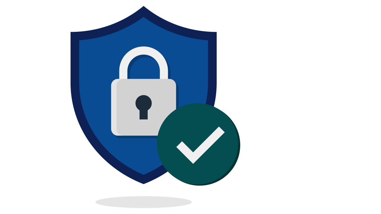 Blue shield with padlock and green checkmark representing security and data protection.