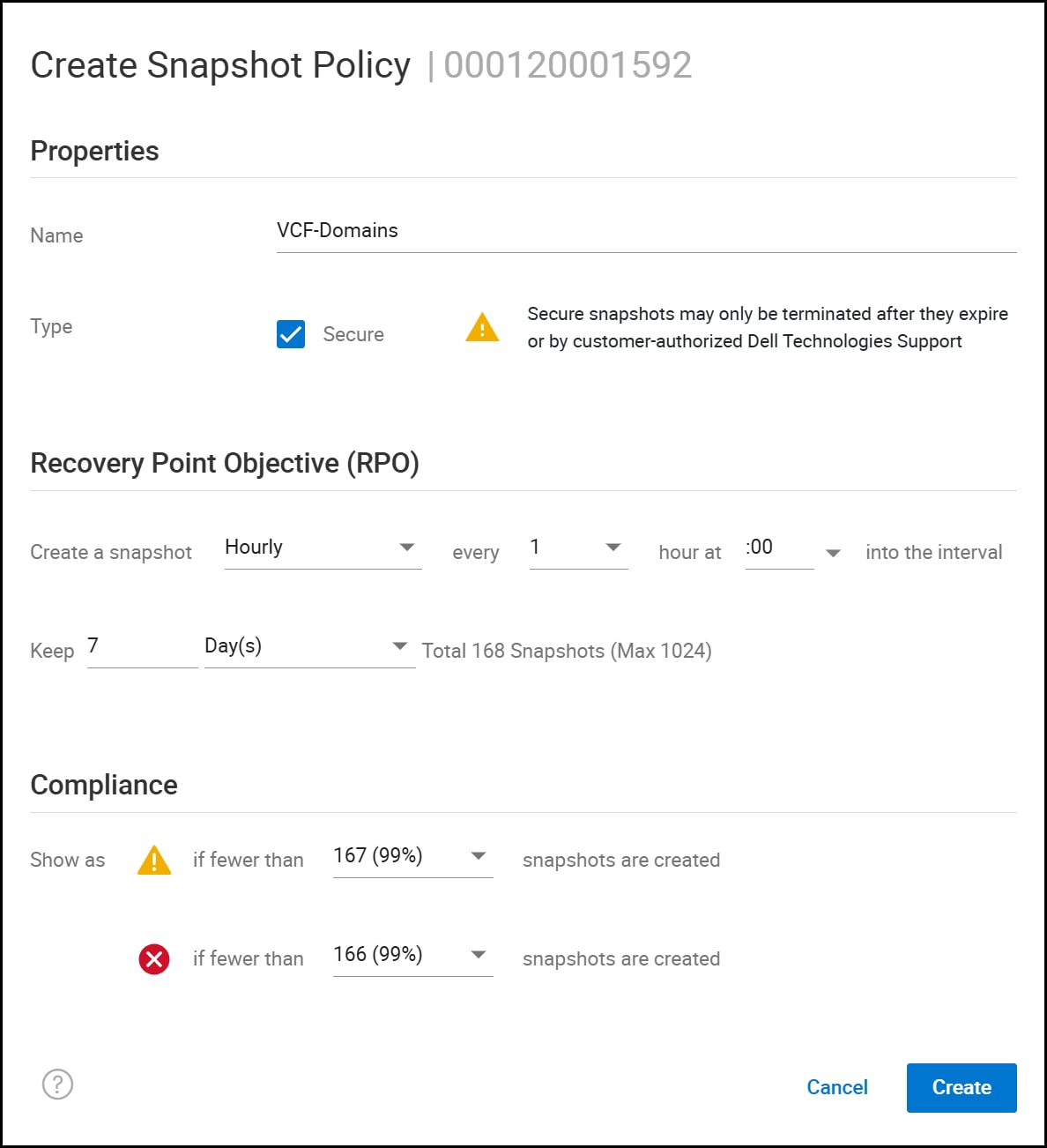 Creation of a snapshot policy in Unisphere.