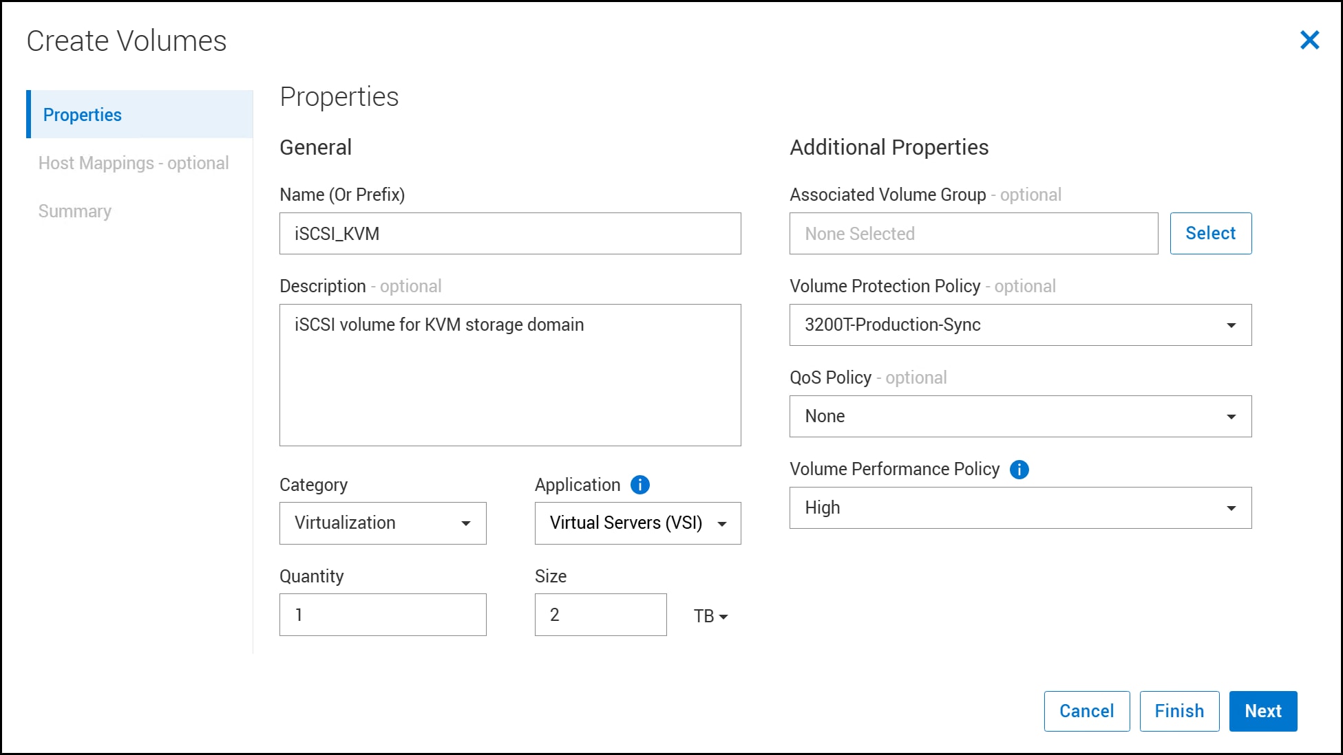 A screenshot of Create Volumes - Properties dialog.