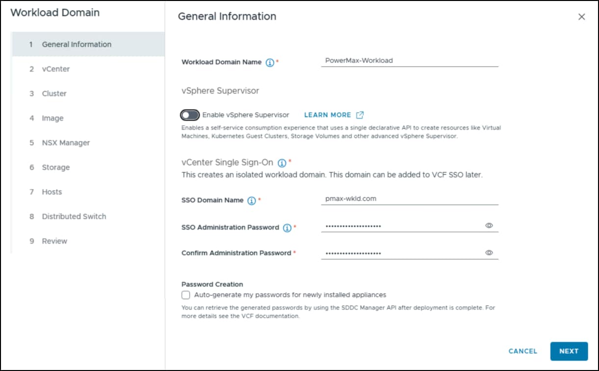 Workload domain creation wizard - step 1.