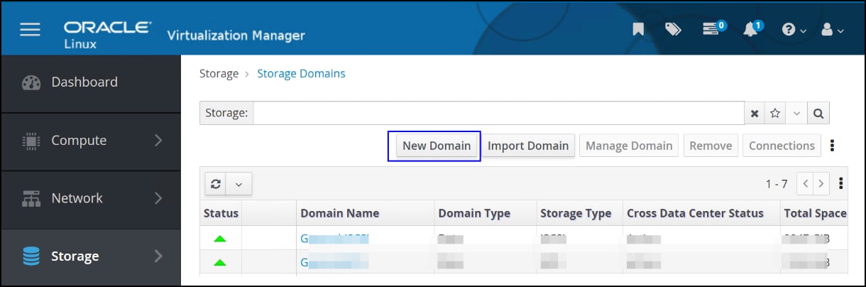 A screenshot of Oracle Virtualization Manager - New Domain selection.