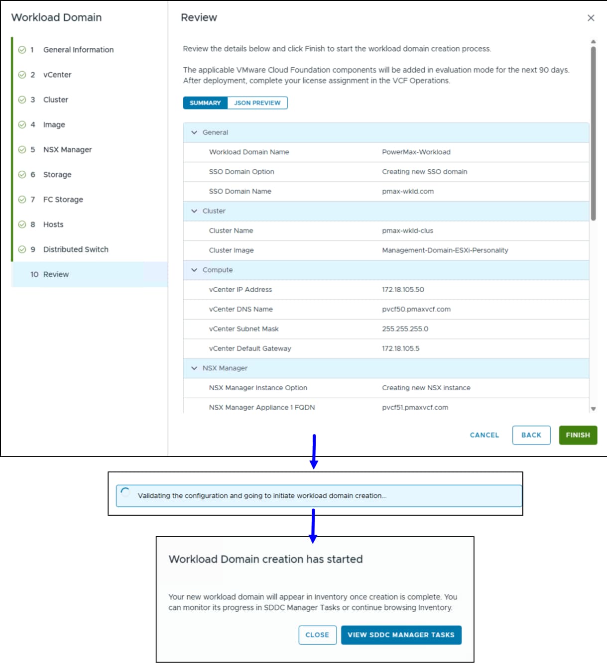 Workload domain creation wizard - review.