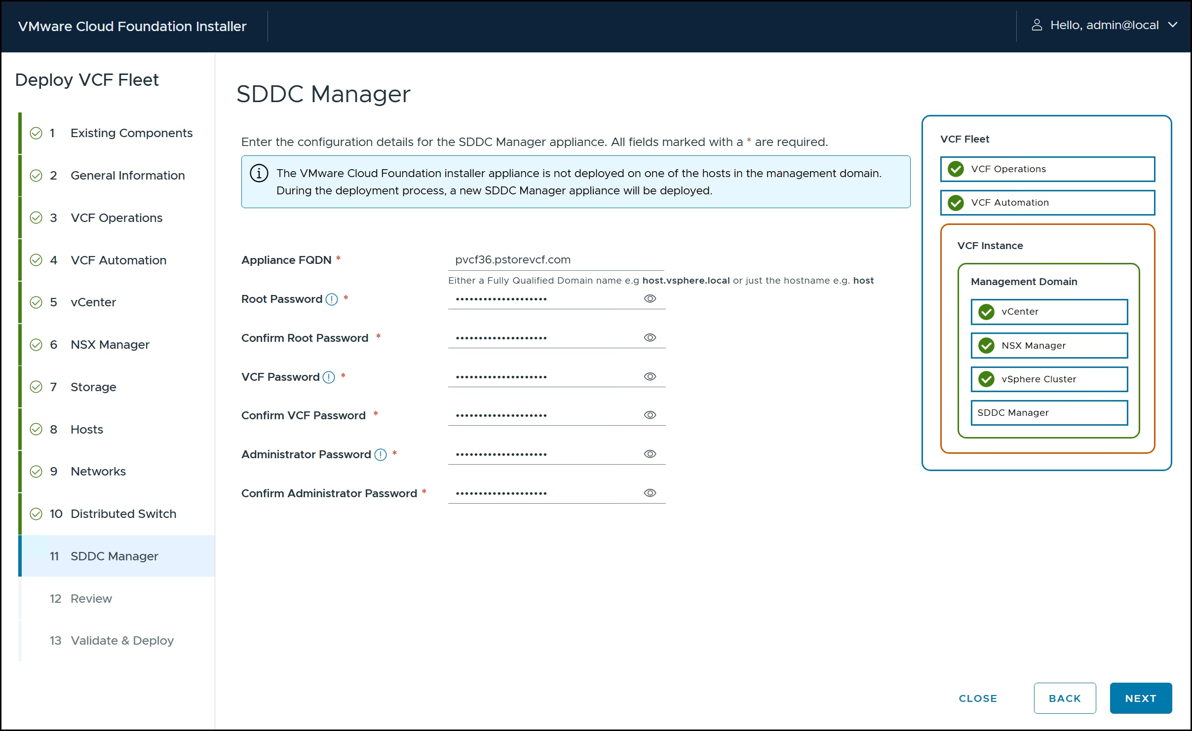 VMware Cloud Foundation Installer - step 11.