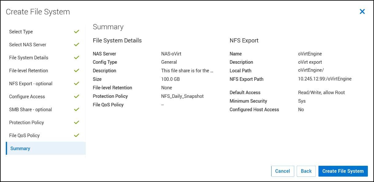 A screenshot of Create File System - Summary dialog.