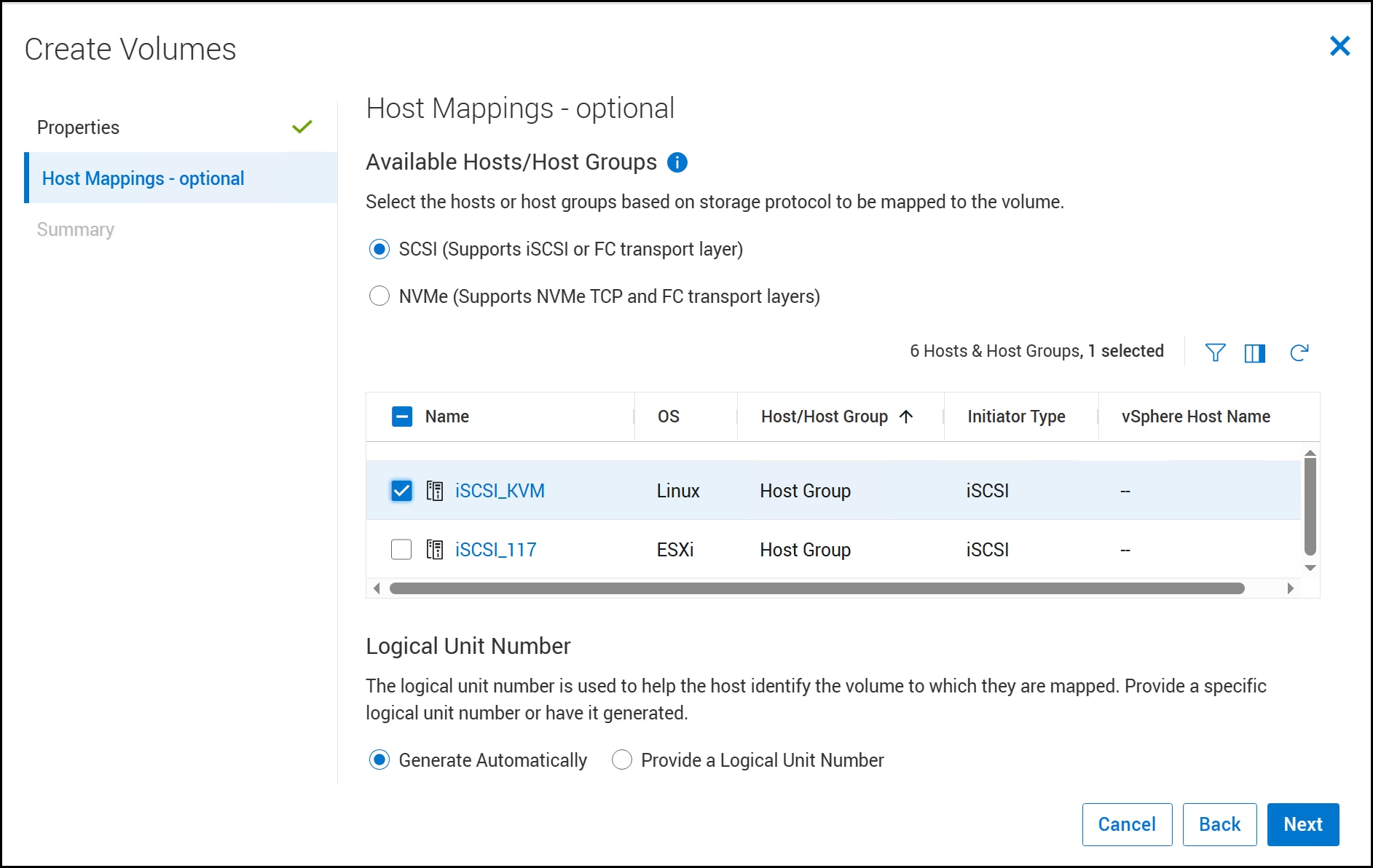 A screenshot of Create Volumes - Host Mappings dialog.