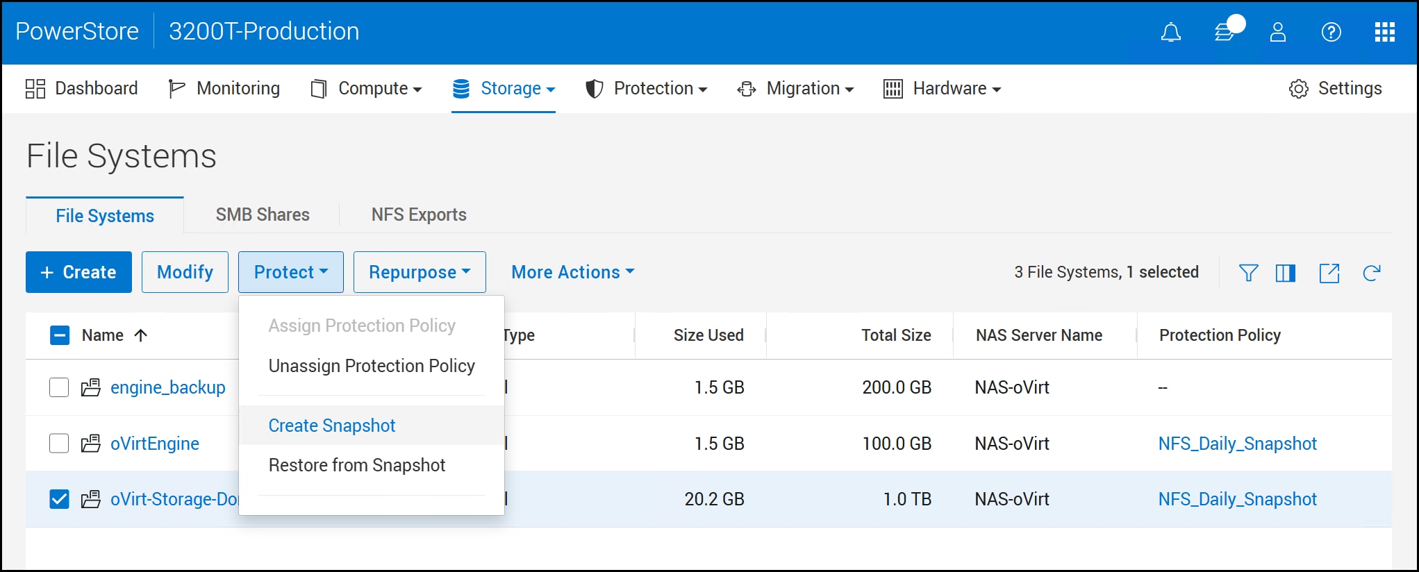 A screenshot of a Protect - Create Snapshot menu selection