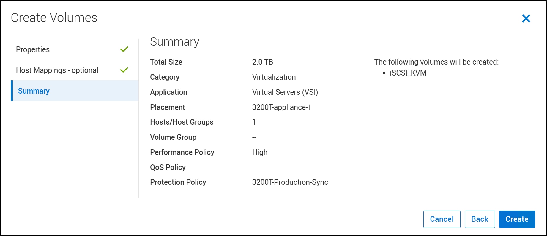 A screenshot of Create Volumes - Summary dialog.