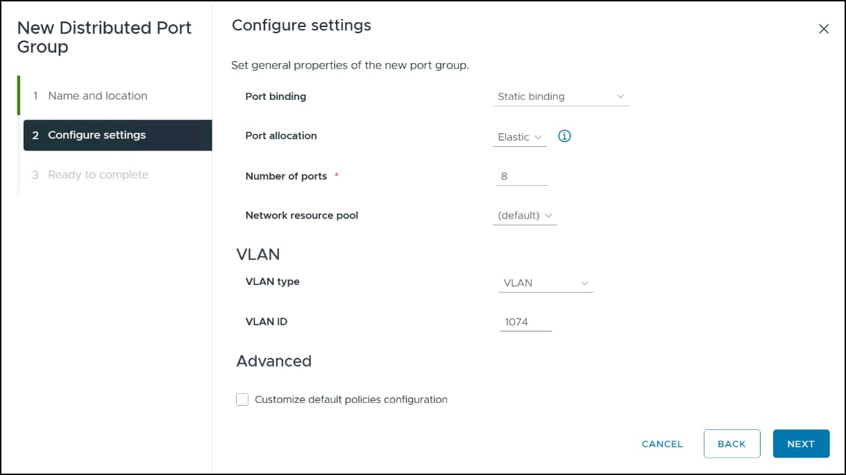 Screen capture of New Distributed Port Group - Configure settings window