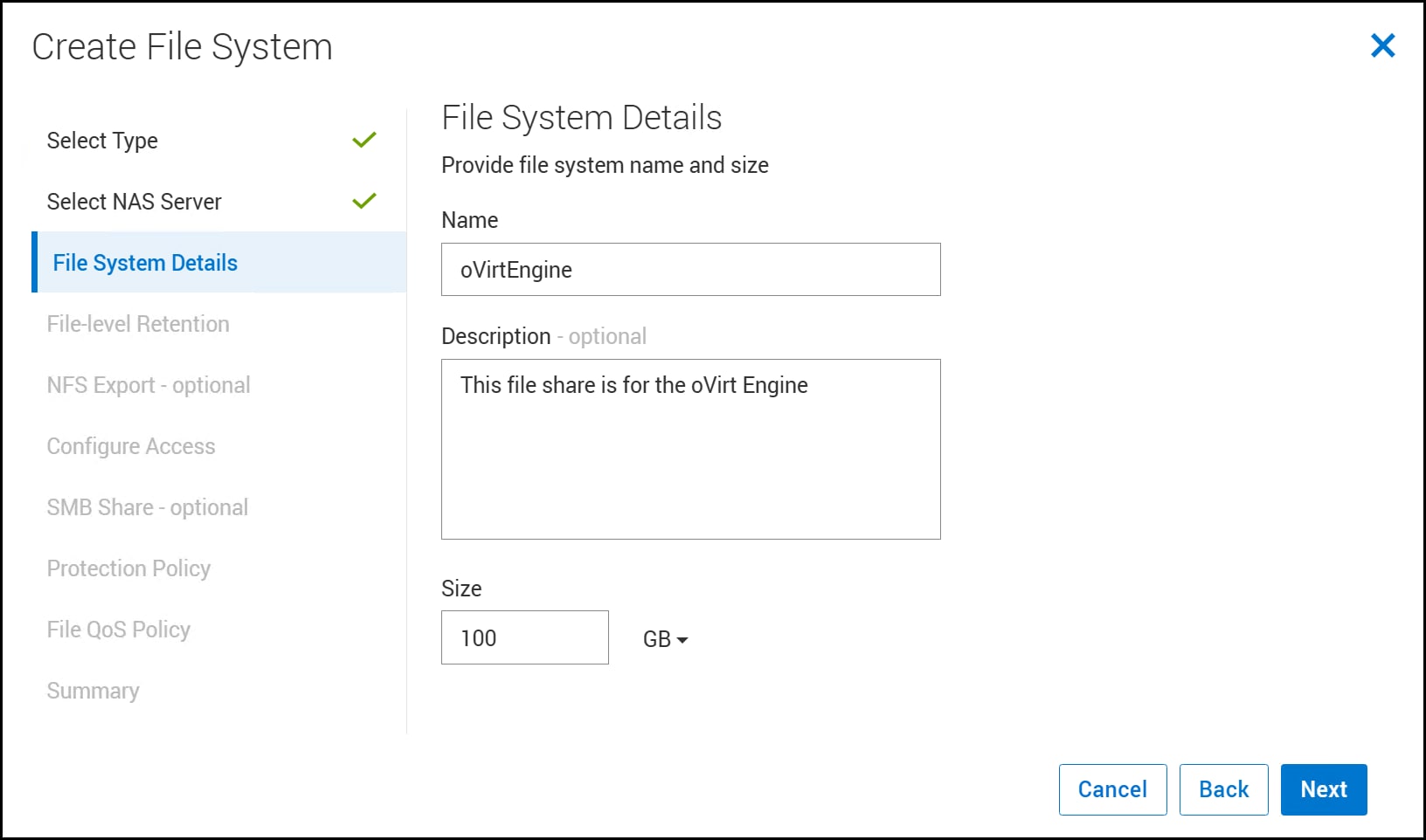 A screenshot of Create File System - File System Details dialog.