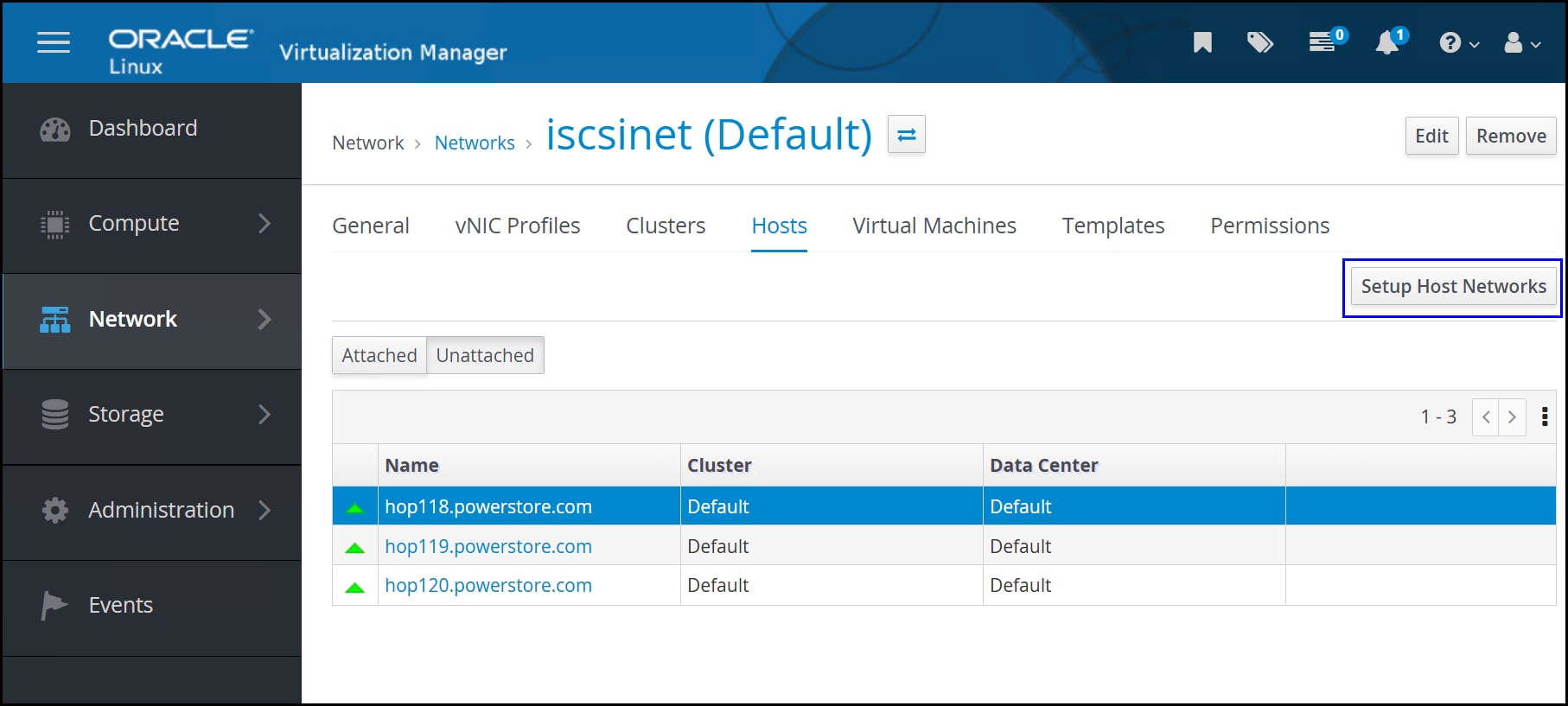 A screenshot of a Virtualization Manager - Networks - iscsinet (default) - Hosts window .