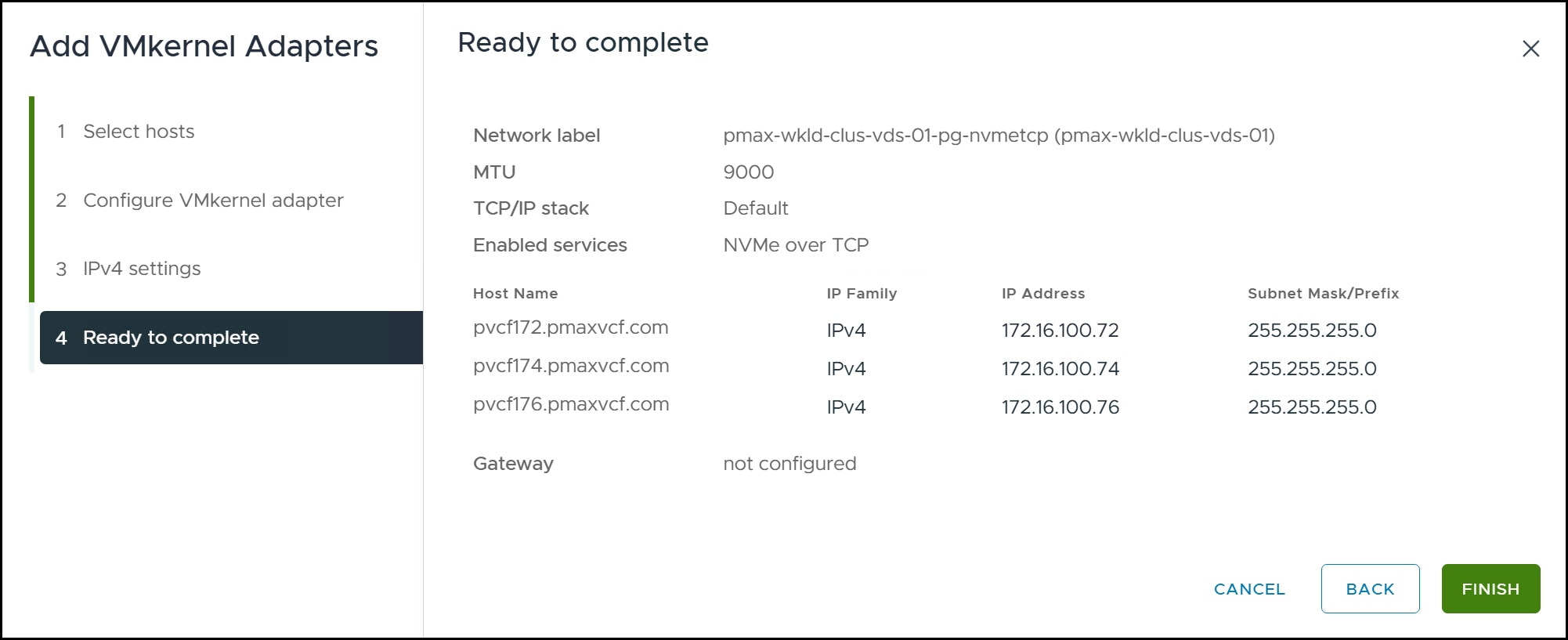Add VMkernel adapters initial wizard summary