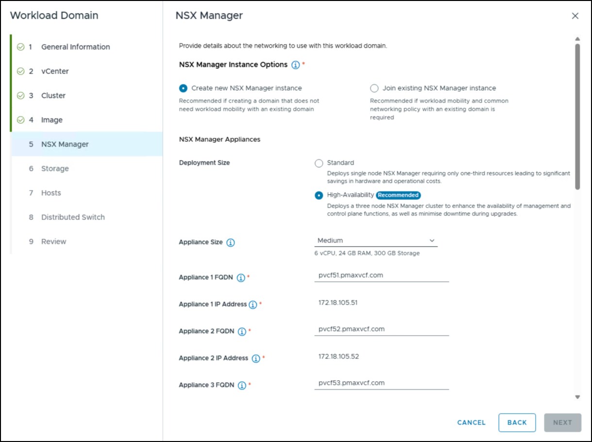 Workload domain creation wizard - step 5.